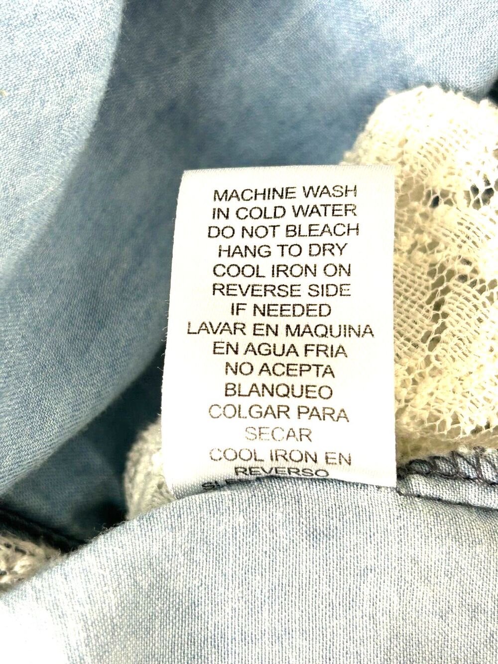 Wishful Park Size L Blue Chambray Button Up Blouse Lace Roll Tab Sleeve Top U3 - Picture 13 of 13
